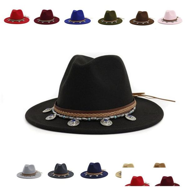 Sombreros de ala ancha Fedora Western Cowboy Fascinator para mujer Invierno Otoño Vintage Negro Verde Formal Panamá Derby Hombres Sombrero Drop Dhqav
