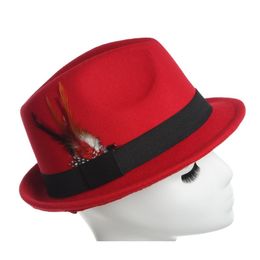 Brede rand hoeden fedoras voor man vrouwen herfst winter unisex pure kleur veren jazz hat chapeau pour les femmes