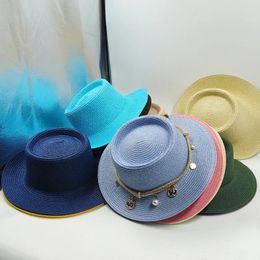 Hoeden met brede rand Platte hoed voor dames Stro Zomer Buiten Zonnebrandcrème Concave Bolle Top Zon UV-bescherming Strandketting