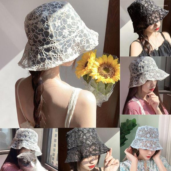 Chapeaux à large bord Floppy Hollow Ladies Style coréen Flower Bucket Hat Fisherman Sun