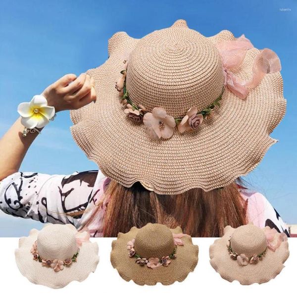 Sombreros de ala ancha con decoración de flores, sombrero para el sol con lazo y cordones, banda de absorción de sudor de cúpula redonda, accesorios de moda de paja flexibles finas para mujer
