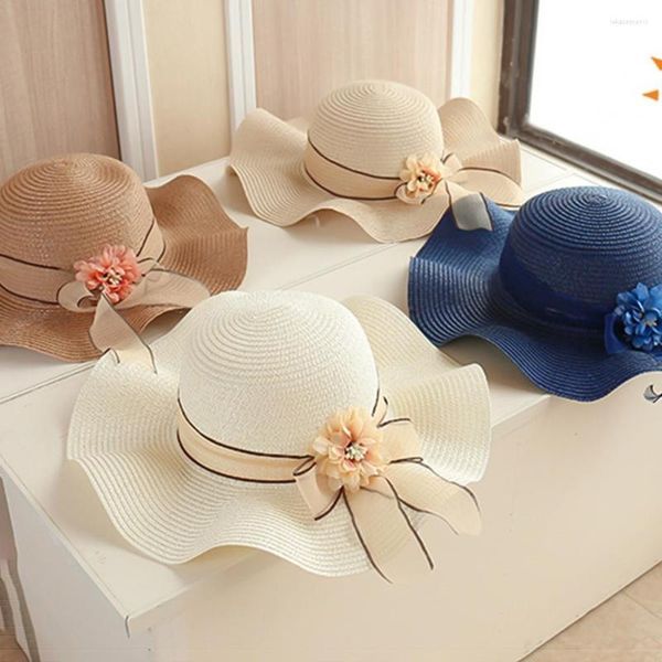 Sombreros de ala ancha, decoración de flores, lazo con cordones, cúpula redonda, sombrero para el sol, sombrero de paja flexible grande para mujer, accesorios de moda