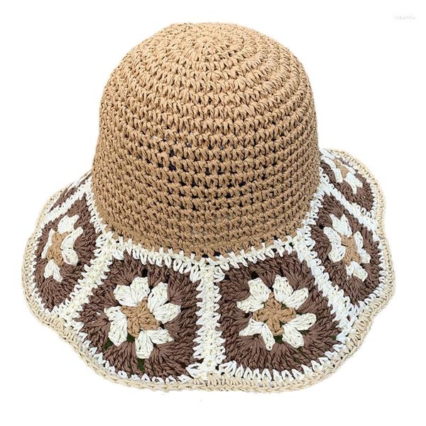 Sombreros de ala ancha, decoración de flores, sombrero de cubo de verano, pescador Floral de ganchillo para mujeres, agradable a la piel, grande