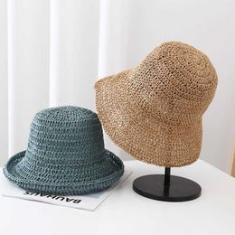 Chapeaux à large bord pliable couleur unie tricoté à la main chapeau de paille au crochet femmes été respirant maille pêcheur chapeau plage vacances parasol chapeau G230227