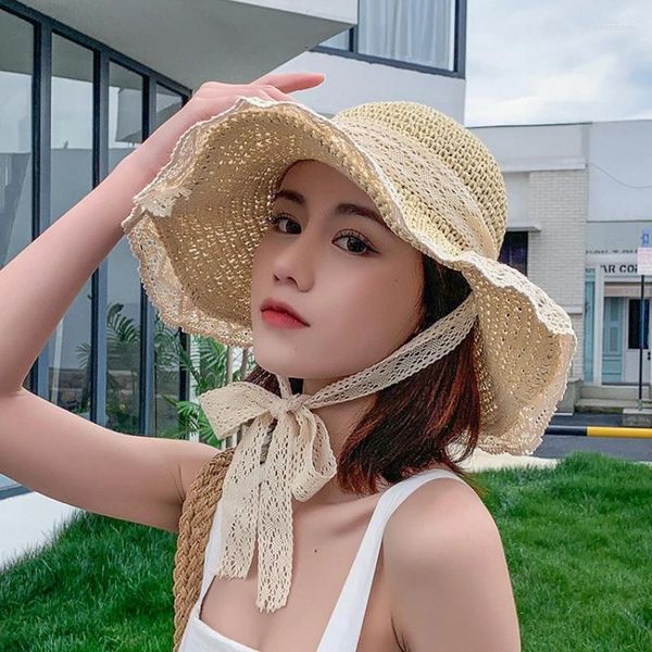 Sombreros de ala ancha Paja plegable para mujeres Sombrero de sol de verano Playa grande Moda Femme Tapa de protección UV