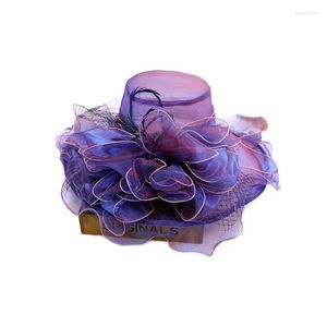 Chapeaux à large bord pliable été dentelle fleur Sunhat crème solaire femme frais Sweety maille plat dessus violet réglable à la main américain européen