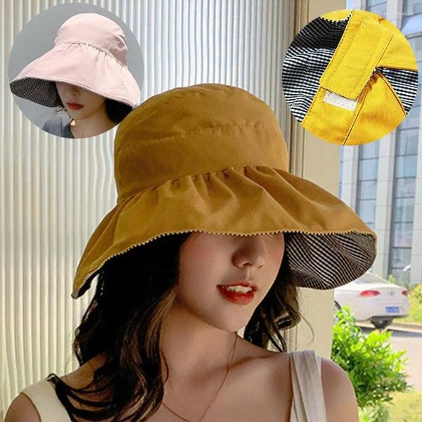 Chapeaux à bord large pliable chapeau solaire mode de protection coton double facette grand été de la plage extérieure du soleil uv