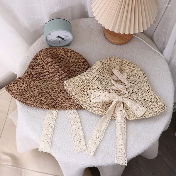 Sombreros de ala ancha Plegable de viaje Bowknot Protector solar hecho a mano Visera de sol Gorra de playa Cinta de encaje Sombrero de paja Top tejido
