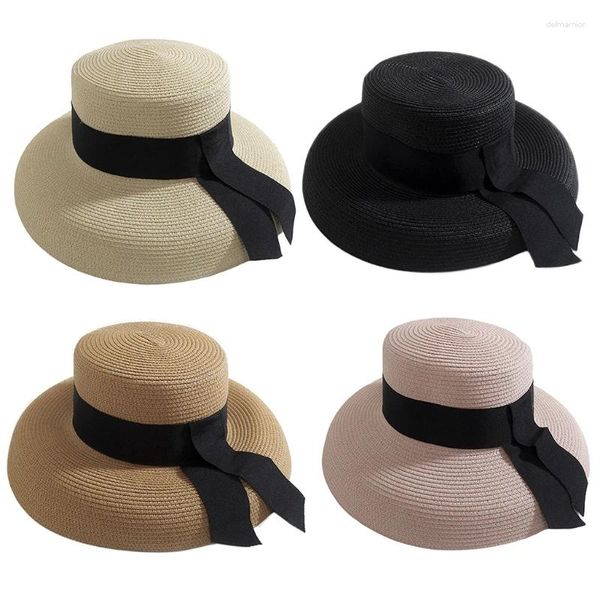 Sombreros de ala ancha para el sombrero de sol Mujeres Actividades al aire libre Cinta negra Decoración Paja Summe