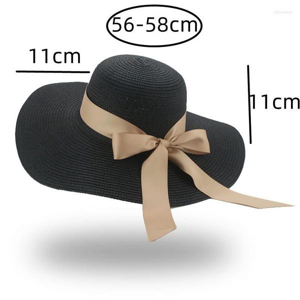 Chapeaux à large bord pour femmes Chapeau de soleil en paille d'été Big 11cm Luxe Bowknot Solid Black White Dome Round Top Beach Cap Femme Chapeau Femme