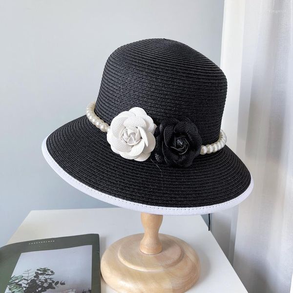 Chapeaux à large bord formel blanc noir fleur papier chapeau de paille perles bande feutre disquette dames mariage Fedora Porkpie Trilby Delm22