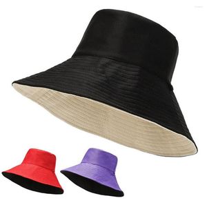 Brede rand hoeden vier seizoenen vrouwelijke emmer sunhats voor vrouwen dubbelzijdig slijtage vaste kleurontwerp katoen 12 cm anti-uv buitenstrand