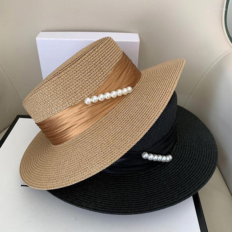 Chapéus largos de borda French Hepburn estilo de verão chapéu de sol pérola raffia tira strapside resort praia protetora top ladies top