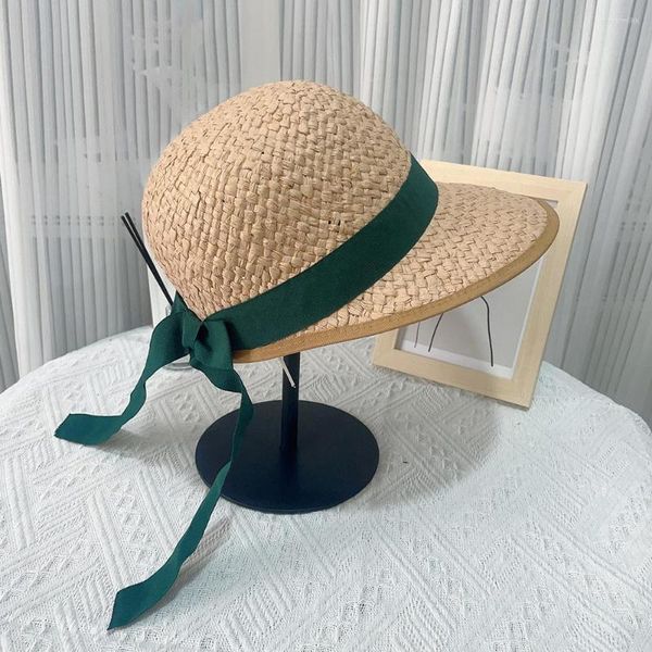 Chapeaux à large bord français été parent-enfant papier soleil chapeau de paille femmes ruban vert filles en plein air plage voyage parasol femmes casquette