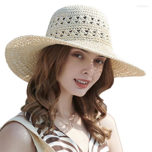 Chapeaux à large bord FS 2023 évider respirant parasol chapeau de paille casquettes de soleil grande plage femmes plaisancier haut rond Fedora pliable