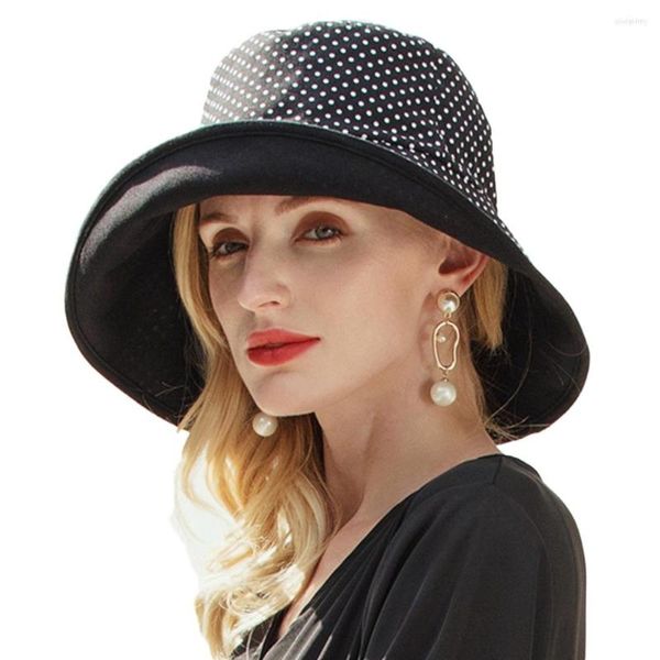 Sombreros de ala ancha FS negro protección UV Curling Polka Dot Sun para mujeres algodón plegable cubo visera sombrero grande flexible señoras gorras