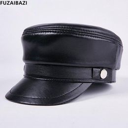 Cappelli a tesa larga FUZAIBAZI Moda in vera pelle Qualità Unisex Primo strato Cappello militare in pelle di pecora Autunno Inverno Berretto piatto in osso maschile