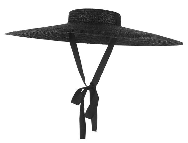 Sombreros de ala ancha GEMVIE Black Flat Top Sombrero de paja Verano para mujeres Ribbon Beach Cap Boater Sol de moda con correa de barbilla