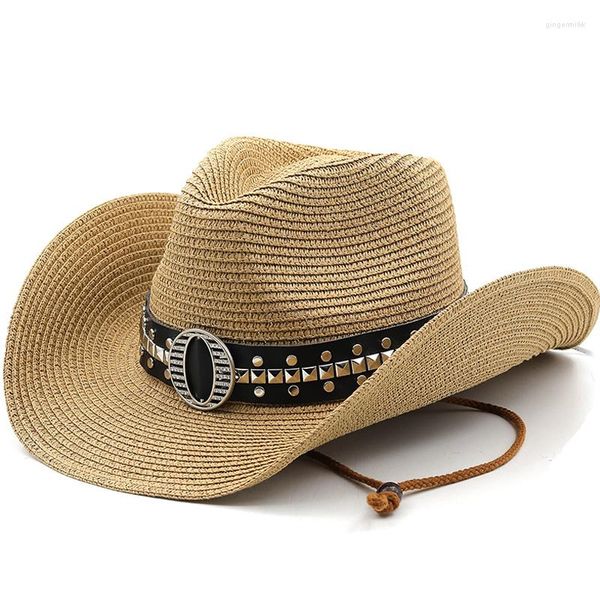 Chapeaux à large bord fille chapeau de plage été Rivet ceinture Panama Cowboy casquette dame décontracté Trilby Fedora mâle paille Protection UV Sombrero