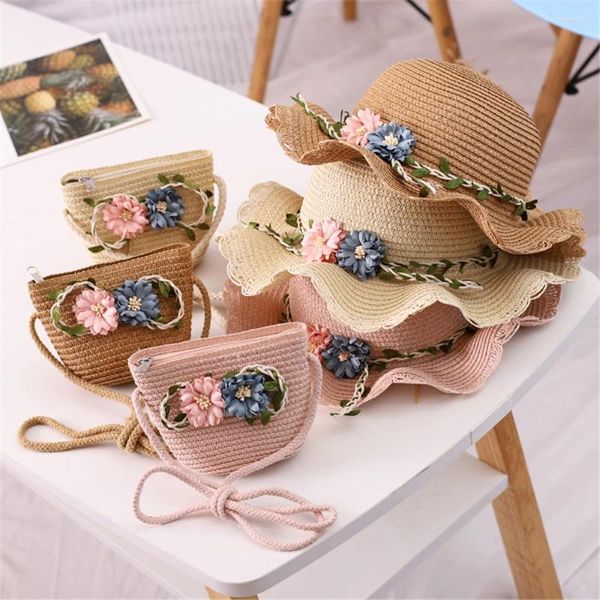 Chapeaux à bord large filles fleur du chapeau d'été décontracté paille pour bébé avec sac à bandoulière