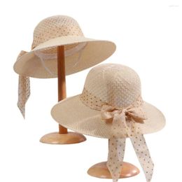 Brede Rand Hoeden Meisjes Zon Zomer Strik Strohoed Met Lint Outdoor Bescherming Vrouwen Soild Kleur Dames Panama Caps