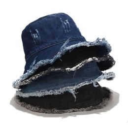 Brede rand hoeden giyu verontruste vintage gaten mode demin bucket dames high street blauwe buitenste zon caps vrouwelijk vissen casual297p