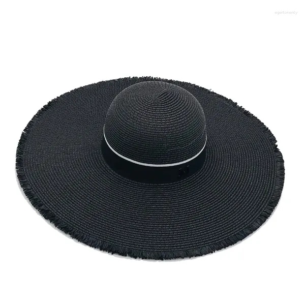 Sombreros de ala ancha Buena calidad Verano Mujeres Sombrero de paja 15 cm Floppy Panamá Protección UV Mujer Dama al aire libre Playa plegable Sun Cap