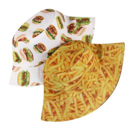 Brede rand hoeden hamburger friet pizza bedrukte emmer hoed 2022 vrouwen casual tweezijds polyester buitenshuis buitenshuis zomer visser zonnedop