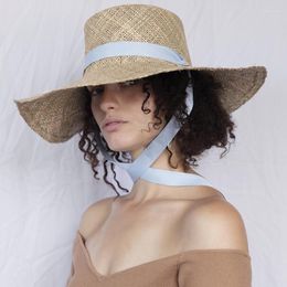 Sombreros de ala ancha Hecho a mano Hierba Mar Plano Paja Vaquero para mujeres Verano Sombrero personalizado Viaje al aire libre Playa Visera de lujo