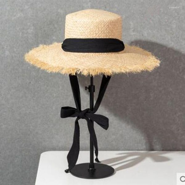 Sombreros de ala ancha, sombrero de sol de rafia hecho a mano para mujer, lazo negro, gorra grande de playa de paja de verano H3