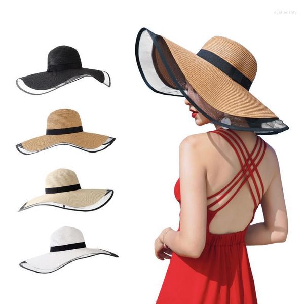 Sombreros de ala ancha, sombrero de sol tejido hecho a mano para mujer, cinta negra con cordones, gasa de malla, sombrero grande de paja para playa al aire libre, gorra de verano Eger22