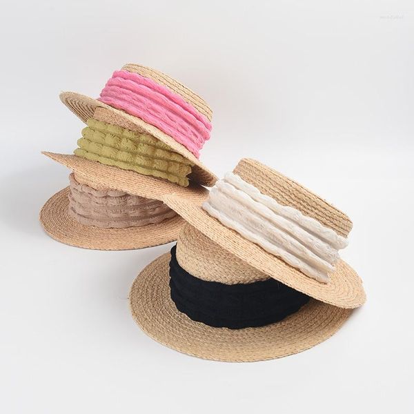 Sombreros de ala ancha, sombrero de paja hecho a mano para mujer, sombreros de fieltro de verano, canotier, banda de seersucker suave, rafia, playa, sol, viajes de vacaciones