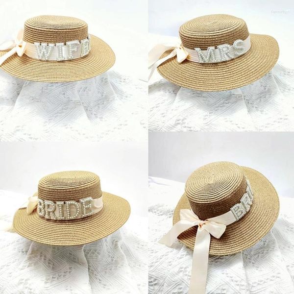 Chapeaux à large bord Chapeau de paille tissé à la main pour la mariée Bachelorette Party Sunproof BeachCap Lady Lunes de miel Couvre-chef Pography Accessoires