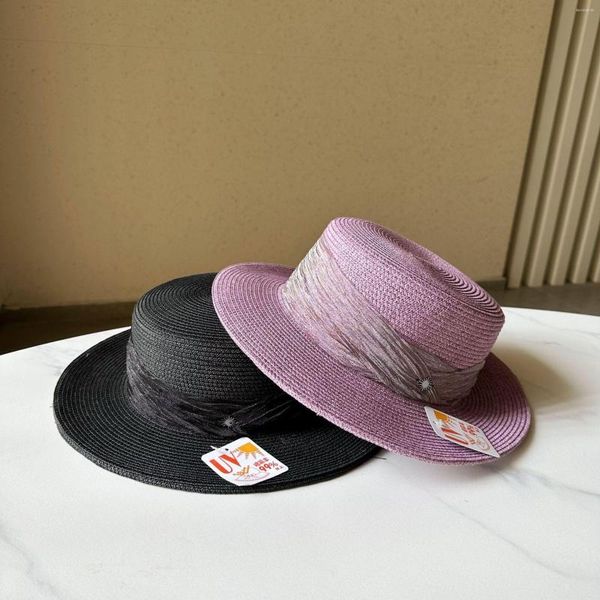 Sombreros de ala ancha Sombrero de paja de color de textura alta Sombrilla para mujer Vacaciones en la playa INS Net Red Japanese Flat Top Sun Purple