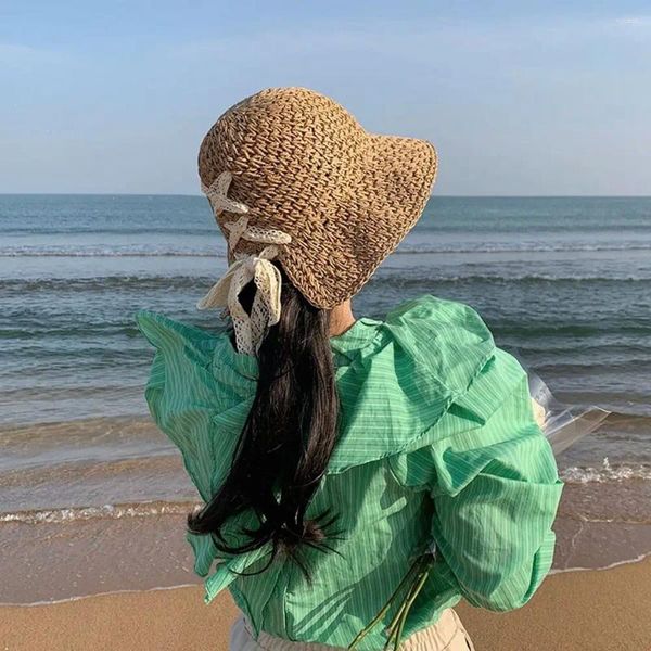 Sombreros de ala ancha Vacaciones Viaje al aire libre Protector solar Gorra de playa Cinta de encaje Sombrero plano Estilo británico Visera de sol Top Tejido de paja