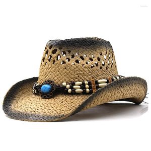 Wide Brim Hats Hollow Straw Hat Cowboy Western Beach Sunhats Party Cap pour homme Femmes Summer Jazz With Bead Band