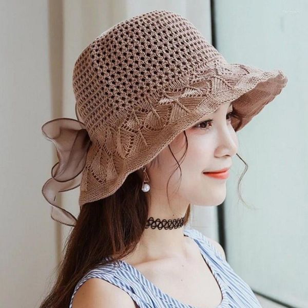 Sombreros de ala ancha, sombrero de sol con lazo hueco para mujer, gorra de playa sólida de verano para mujer, visera de punto de algodón informal salvaje, lavabo de tela de ocio