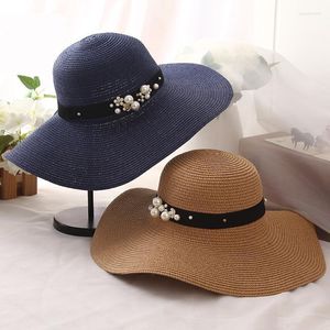 Chapeaux à larges bords HT1163 Soleil d'été de haute qualité pour femmes Solide Large Bord Noir Blanc Disquette avec perles Dames Chapeau de plage Eger22