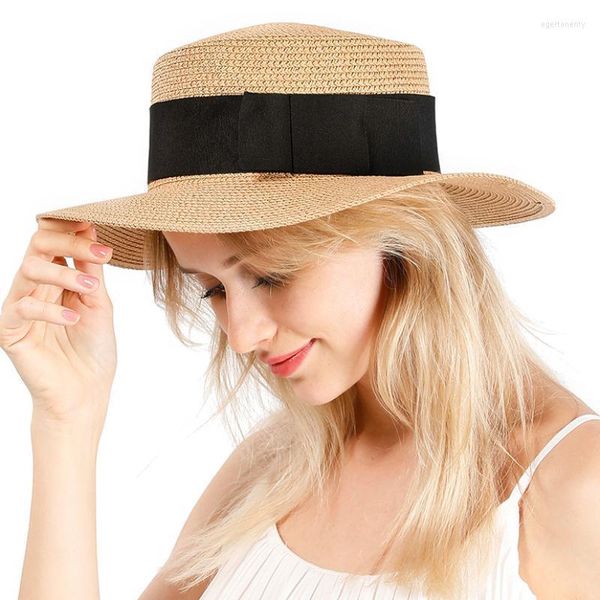 Sombreros de ala ancha HT3088 Sombrero de paja Flat Top Boater Beach Cap Ladies Black Band Summer Sun Mujer Retro Panamá Fedoras Eger22