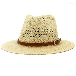 Brede rand hoeden ht3580 stro panama hoed vrouwen mannen strand pet uv bescherm jazz fedora lederen riem haak zomer zon eger2222