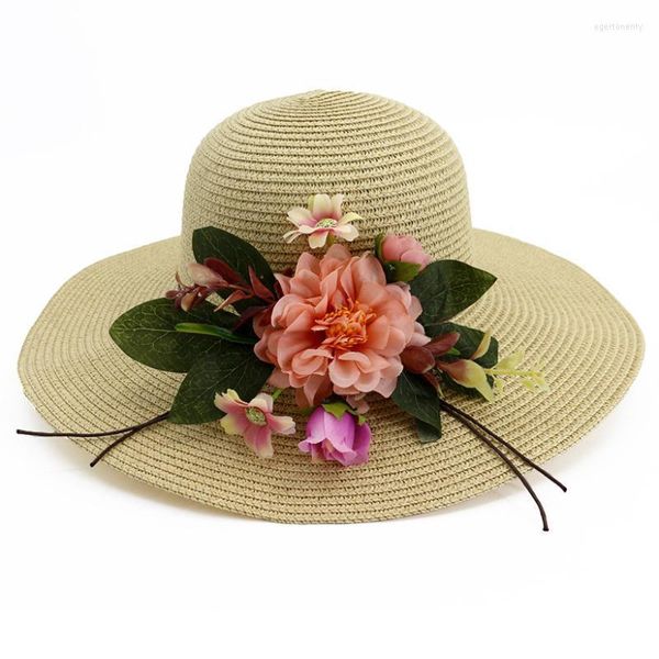 Sombreros de ala ancha HT3630 grandes flores hechas a mano sombrero de paja mujeres verano sol señoras empacable gorra de playa flexible vacaciones femeninas Eger22