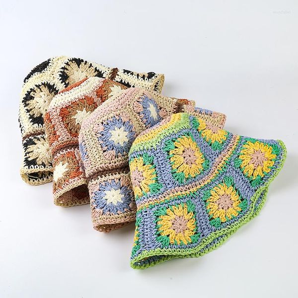 Sombreros de ala ancha Japón Corea Crochet Sombrero para el sol Mujeres Flores de verano Paja pura tejida a mano Playa Sombrilla Pescador Gorras Cubo transpirable HatWid