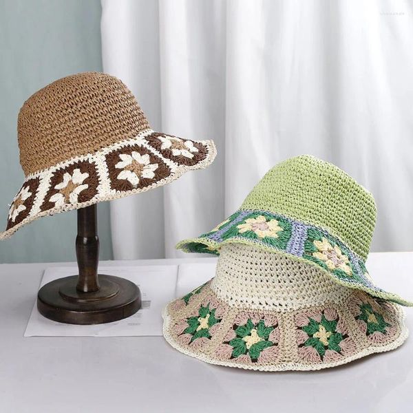 Sombreros de ala ancha Japón Corea Crochet Sombrero para el sol Mujeres Flores de verano Puro Mano Tejido Paja Playa Sombrilla Pescador Gorras Transpirable Cubo