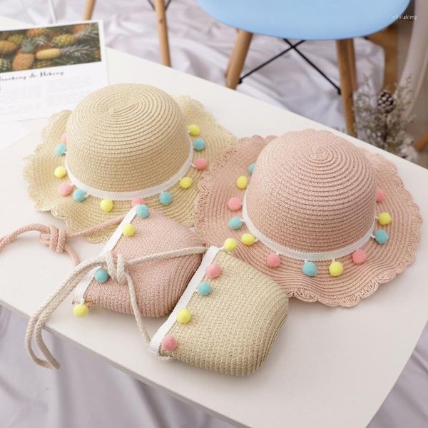 Chapeaux à large bord enfants filles grande paille tissé Protection solaire chapeau de plage coloré Pom Ball mignon été sac à main SHT007Wide Oliv22