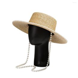 Chapeaux à large bord King Wheat Jazz Top Toit plat Chaîne de perles Décorer Paille Femme Sun Beach Casual Outdoor Respirant Summer Stage Cap