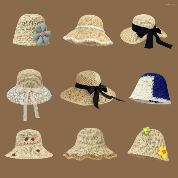 Sombreros de ala ancha, sombrero de paja coreano hecho a mano para mujer, sombrilla fresca pequeña japonesa, protector solar para salidas de primavera y verano