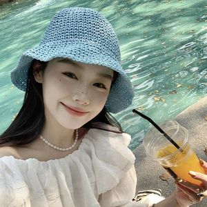 Chapeaux à large bord coréen printemps et été vacances en plein air parasol chapeau de paille femme plage tissage couleur unie tempérament chapeau de seau