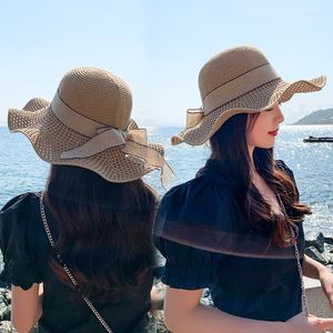 Brede rand hoeden Koreaanse zomer dames gebreide ademende big-edge strandhoed outdoor schaduw boog visser vrouwen vrouwen haatwijd