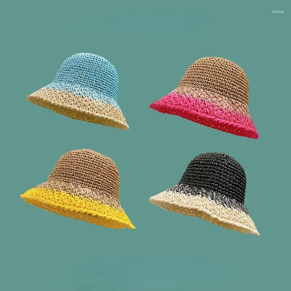 Chapeaux à large bord coréen été voyage dégradé couleur seau chapeau femmes tissé à la main grand soleil plage vacances pliable femme casquette de paille