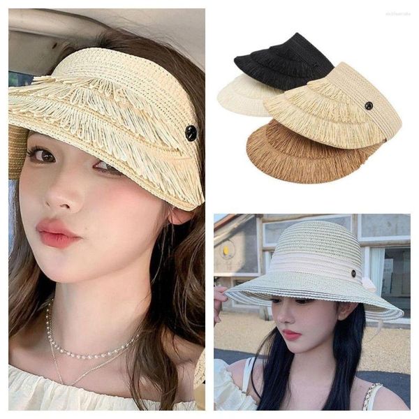 Sombreros de ala ancha Coreano Verano Mujeres Sombrero de paja Bowknot Flat Top Floppy Cap Protector solar plegable Vacío